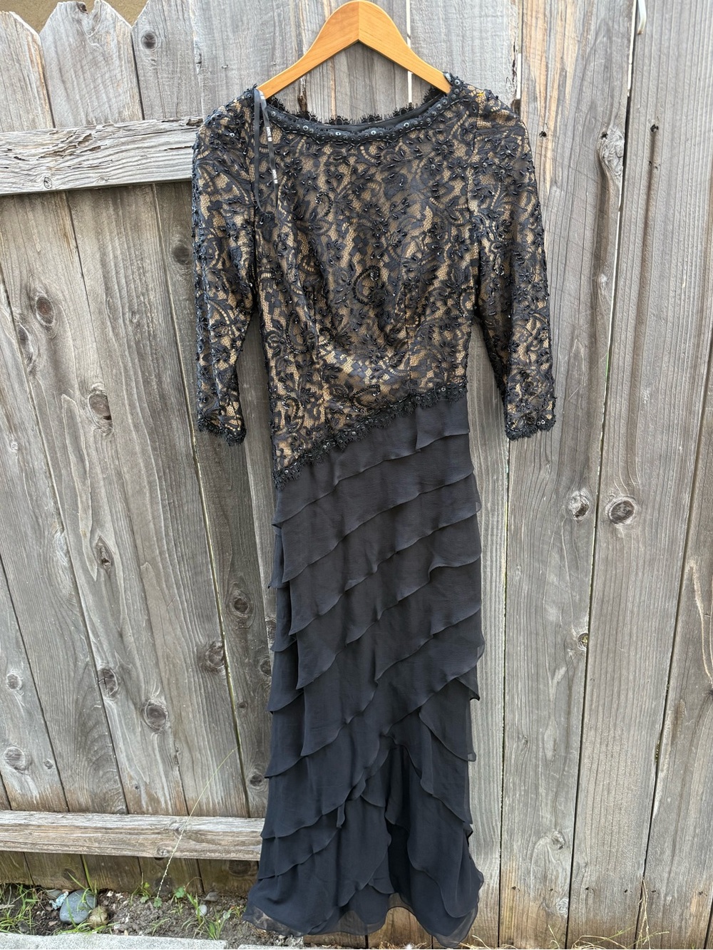 Tadashi Shoji Black Lace Beaded & Tiered Chiffon Gown